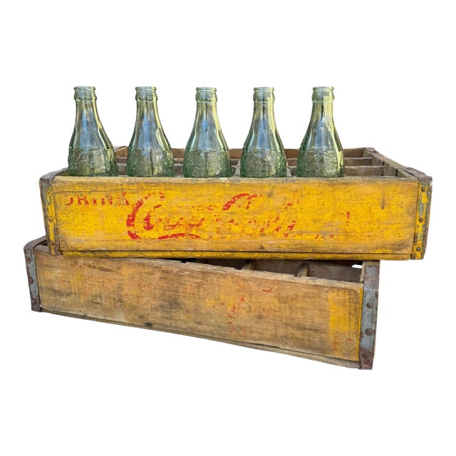 1960’s Vintage Yellow Coca-Cola Wooden Delivery Crates & Wailuku, Maui Hawaii Bottle Trio For Sale