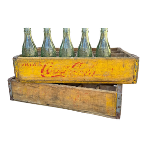 1960’s Vintage Yellow Coca-Cola Wooden Delivery Crates & Wailuku, Maui Hawaii Bottle Trio