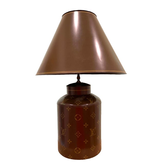 Louis Vuitton Hand Painted Tole Lamp and Shade For Sale - Image 10 of 12