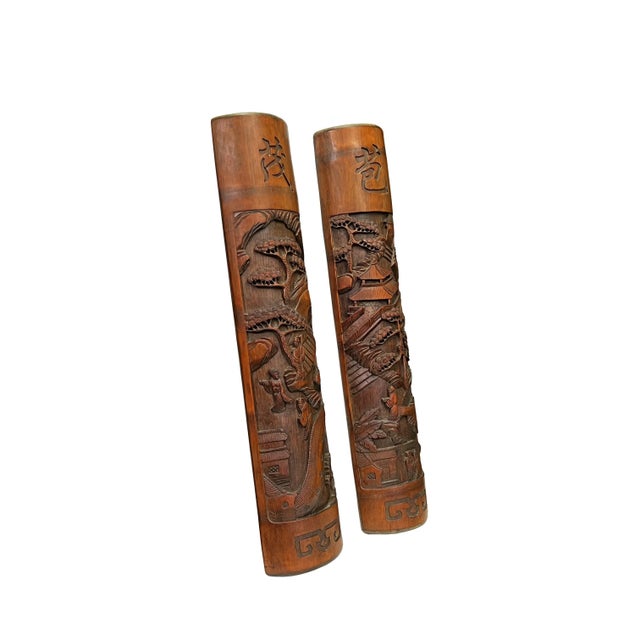 Pair Hand Carved Chinese Bamboo Calligraphy Landscape Panel For Sale - Image 4 of 8