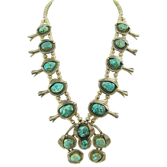 Vintage F. James Seafoam Turquoise Nugget Squash Blossom Necklace Chairish