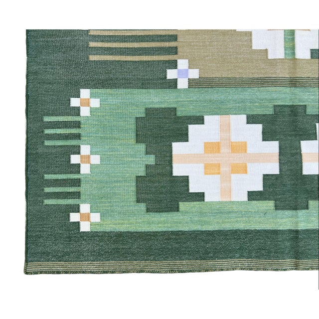 Handmade Cotton Rug, Natural Vegetable Dyed Green and Cream Geometric Rug - 10'x14' For Sale - Image 10 of 11