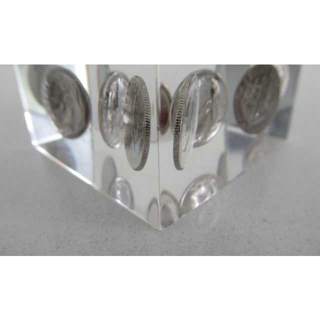 Vintage C.1970's Mid-Century Lucite & Dime Incapsulated Paperweight, Accent Piece For Sale - Image 11 of 13