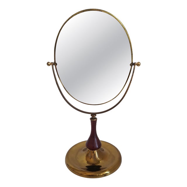 Mid-Century Czechoslovakian Brass and Wood Swivel Table Mirror, 1960s For Sale