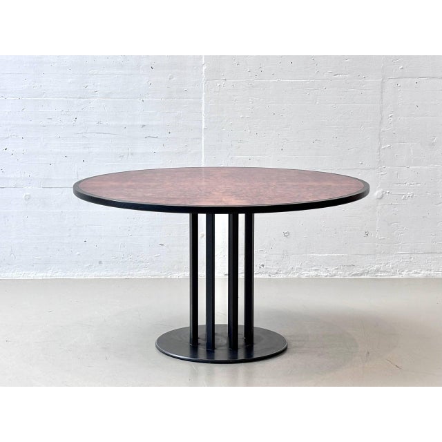Wood Round Dining Table in Thuja Root Veneer and Steel, 1980s For Sale - Image 7 of 16