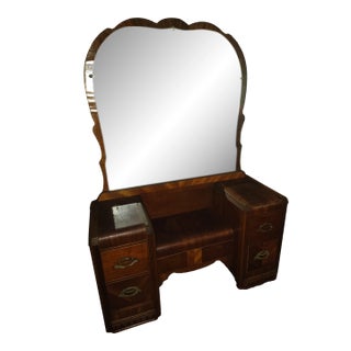 Antique 1930's Art Deco Walnut Waterfall Vanity With Original Mirror For Sale
