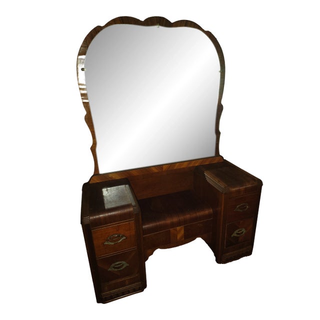 Antique 1930's Art Deco Walnut Waterfall Vanity With Original Mirror For Sale