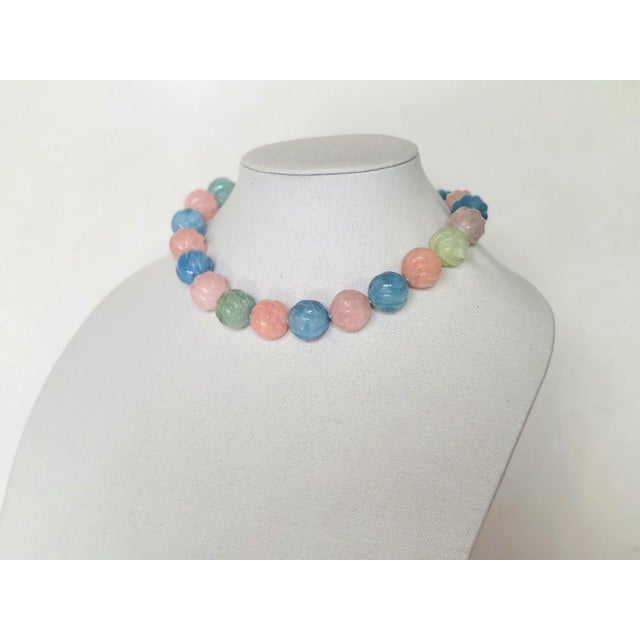 Blue Carved Aquamarine Morganite Necklace With Sterling Silver Aquamarine Clasp For Sale - Image 8 of 10