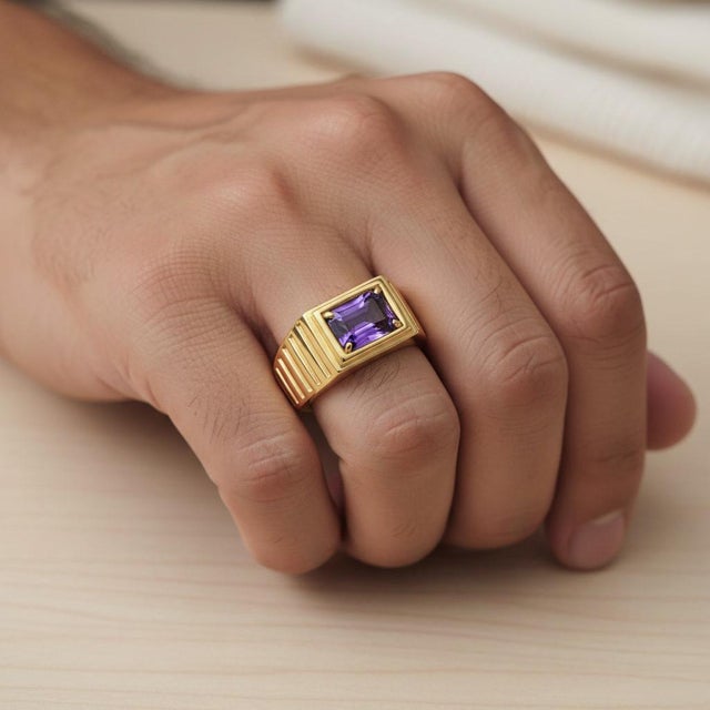Not Yet Made - Made To Order Art Deco Signet Ring for Men With Amethyst, Silver, Gold, Size 10 For Sale - Image 5 of 5