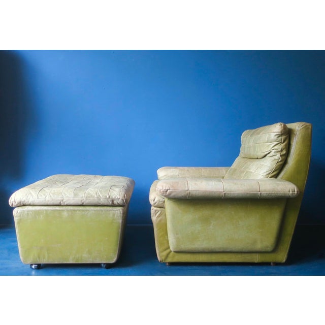 Set of Olive Patchwork Leather Lounge Chair and Ottoman from Laauser, 1970s For Sale - Image 6 of 16