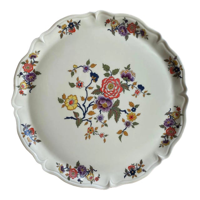 1950s Lec-Leclair Limoges Orange, Pink, Blue & Yellow Floral Center, Rim Bouquets, Scalloped Platter For Sale