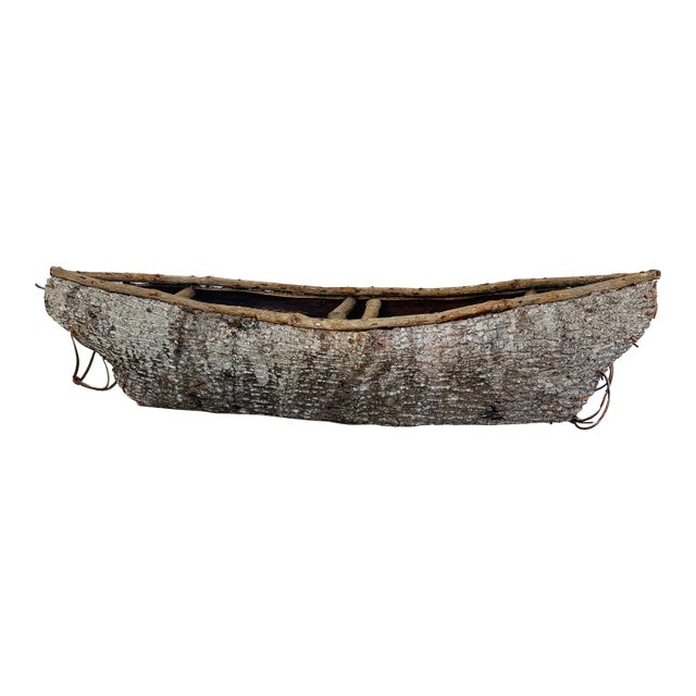 Vintage 45” Textured Bark & Wood Canoe With Leather Rawhide For Sale