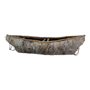 Vintage 45” Textured Bark & Wood Canoe With Leather Rawhide