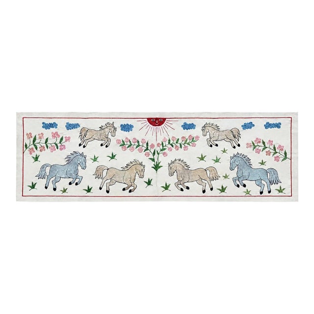 Horse Suzani Wall Hanging, Red Sun Face For Sale