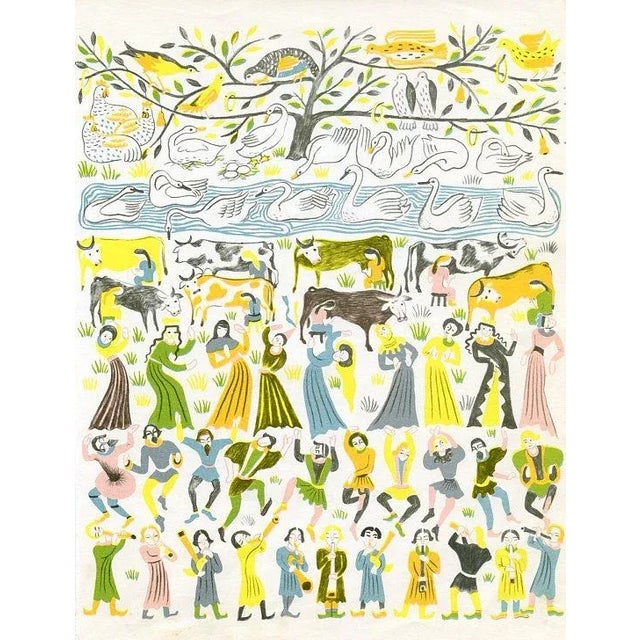 Original lithograph from a mid-century folio illustrating the English carol “The Twelve Days of Christmas”. Shown is the...
