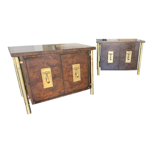 1970s Attributed to Mastercraft Hollywood Regency Burl Wood & Satin Brass Side Cabinets / Nightstands – A Pair