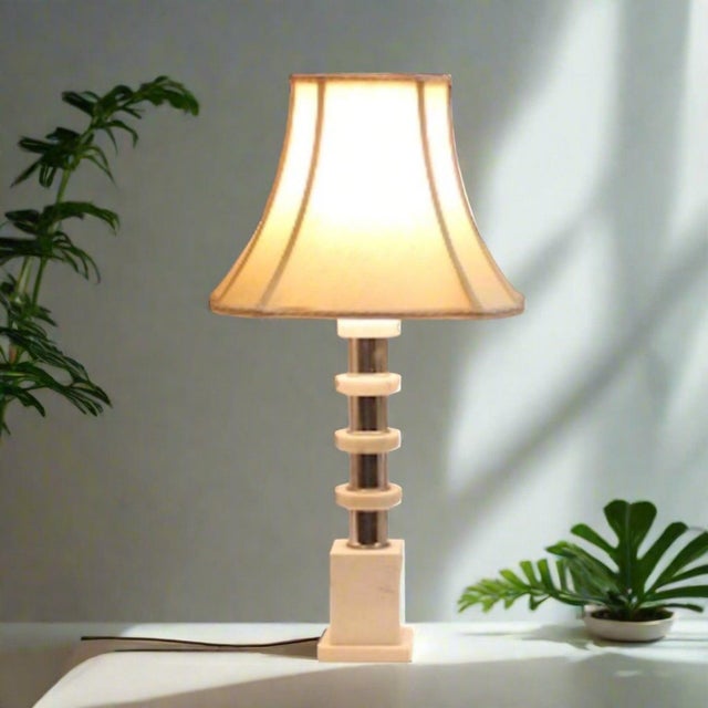 Karl Springer 1970s Italian Marble Stacked Rings on Chrome Table Lamp For Sale - Image 4 of 8