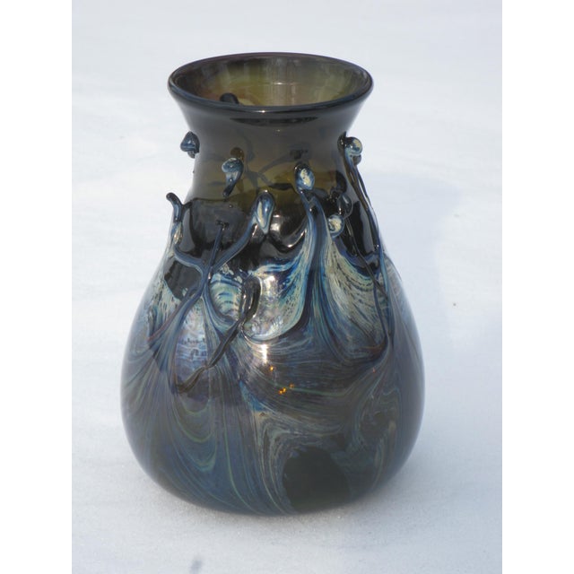 Glass 1940s Art Glass Vase Blue Hand Made & Mouth Blown Art Nouveau Style For Sale - Image 7 of 16