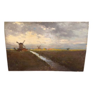 Konstantin Stoitzner, Landscape with Mills, Oil on Panel, Early 20th Century, Oil on Panel For Sale