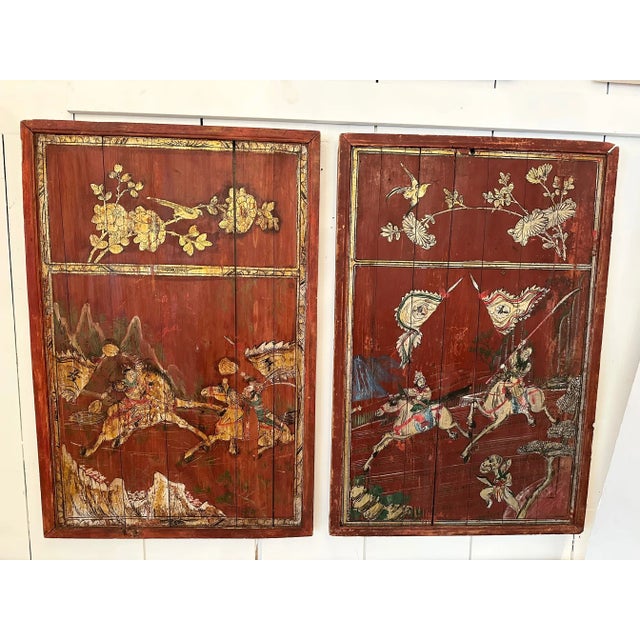 Pair of Distressed Antique Chinese Hand Painted Wooden Panels For Sale - Image 13 of 13