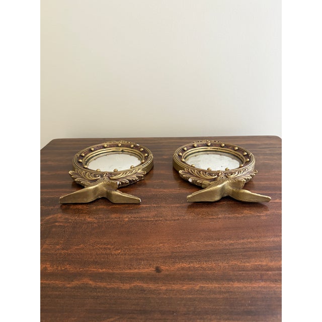 Glass Vintage American Federal Gold Chalkware Eagle Bullseye Convex Mirrors, Pair For Sale - Image 7 of 10