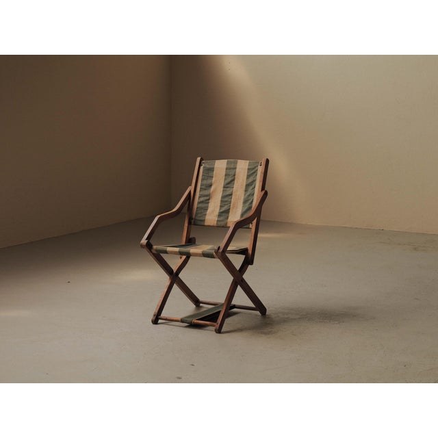 French Folding Campaign Chair in Wood and Striped Canvas, 1900s For Sale - Image 6 of 16