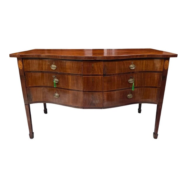 Hepplewhite English George III Hepplewhite Serpentine Mahogany Sideboard W/Solid Slab Top Faux Drawer Fronts, Concealed Twin Cabinets & Side Access Door,1790–1805 For Sale - Image 3 of 18