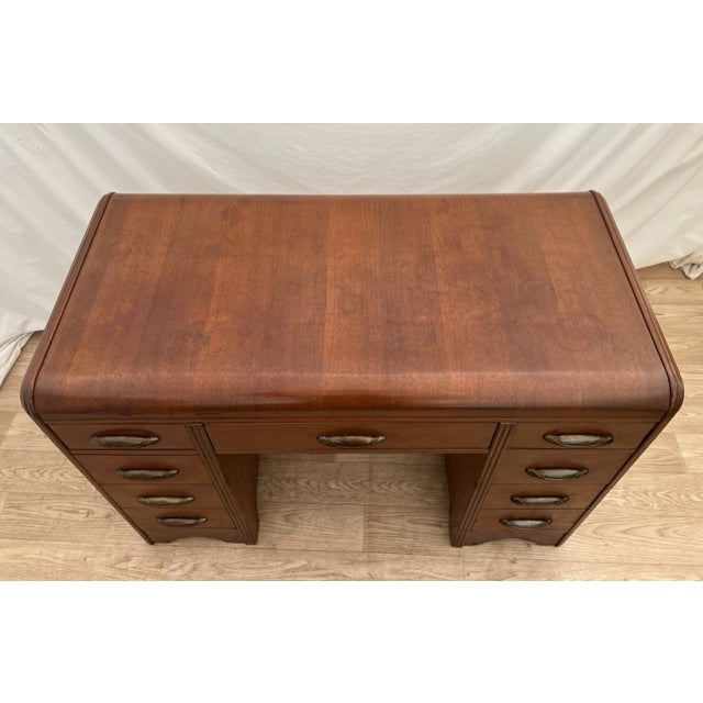 Art Deco 1930s Art Deco Desk Waterfall Top Seven Dovetail Brass Drawers Walnut Finished Back For Sale - Image 3 of 18