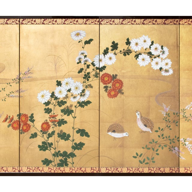 "Chrysanthemums and Quail" by Setsuga, 1980s Japanese Byobu Screen For Sale - Image 4 of 18