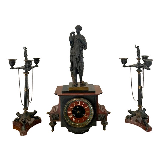 Antique Regency Bronze and Marble Clock Set, 1830, Set of 3 For Sale