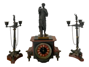 Antique Regency Bronze and Marble Clock Set, 1830, Set of 3