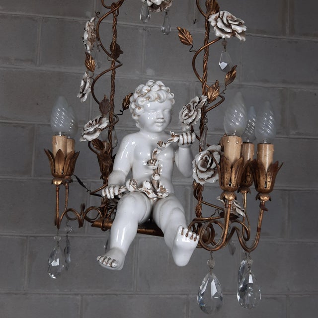 Metal Antique Chandelier in Ceramic and Iron, 1950s For Sale - Image 7 of 18
