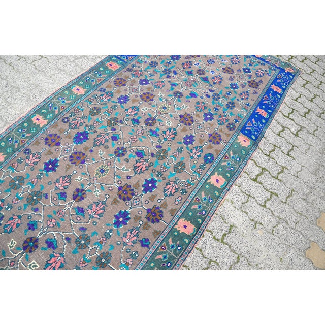 1960s Floral Design Modern Blue and Gray Vintage Aztec Rug For Sale - Image 4 of 11