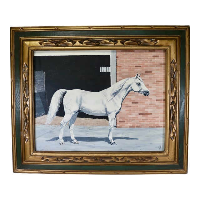 1961 Oil Painting on Board of Arabian Gray Stallion Horse Ibn Julep Framed Signed and Dated For Sale