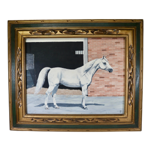 1961 Oil Painting on Board of Arabian Gray Stallion Horse Ibn Julep Framed Signed and Dated