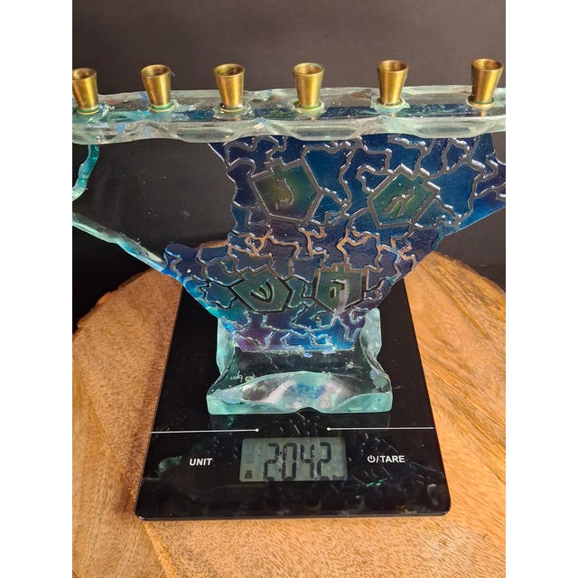 Late 20th Century Signed Uda Yehuda Parmat Studio Art Glass Menorah Iridescent Fused Dreidel For Sale - Image 17 of 17