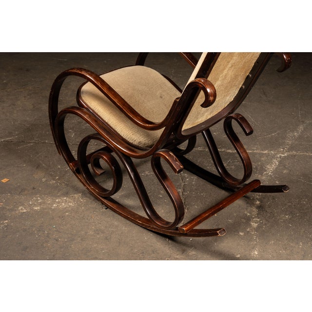 Brown Antique Thonet-Style Bentwood Rocking Chair With With Upholstered Seating For Sale - Image 8 of 13
