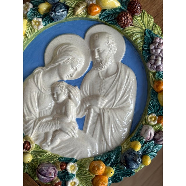 Vintage Italian Majolica Pottery Della Robbia Style Wall Plaque For Sale - Image 11 of 15