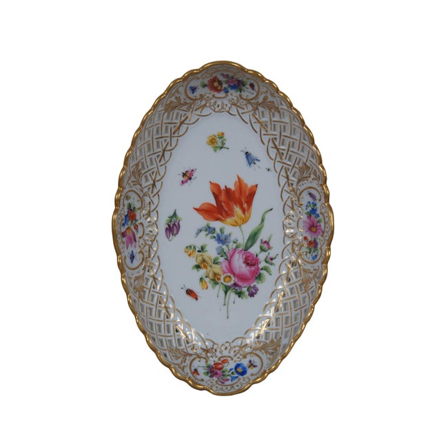 French Antique Meissen Reticulated Floral Insect Porcelain Oval Basket Dish For Sale - Image 3 of 11