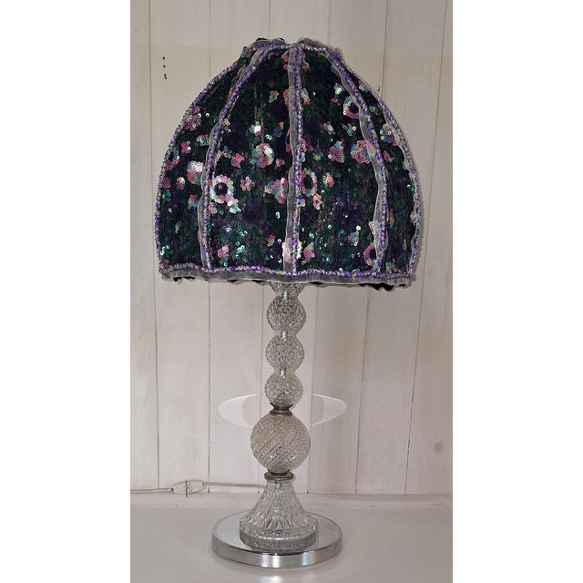 Vintage Table Lamp with Chrome-Plated Metal Base, Relief Glass Inlays, and a Sequined Shade from Lamplove, 1970s, in Very...