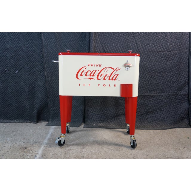 Cream Vintage Style 60 Qt Coca-Cola Rolling Patio Cooler Cream & Red Ice Chest Cart For Sale - Image 8 of 18