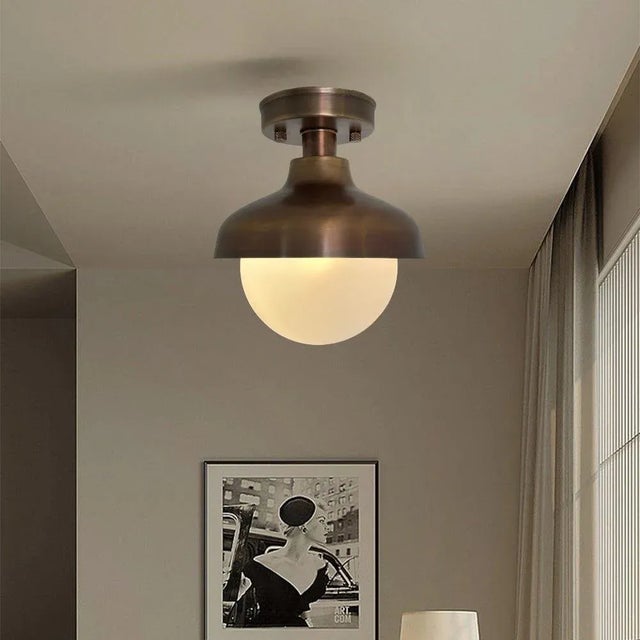 Rustic European Handmade Brass Flush Mount With Antique Finish - Vintage Milk Glass Shade For Sale - Image 3 of 9