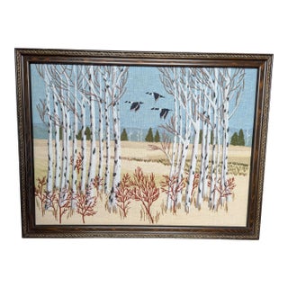 1970s Vintage Erica Wilson Crewel Embroidery Textile Art Framed "Birch Trees & Geese For Sale