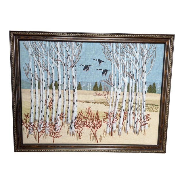 1970s Vintage Erica Wilson Crewel Embroidery Textile Art Framed "Birch Trees & Geese For Sale
