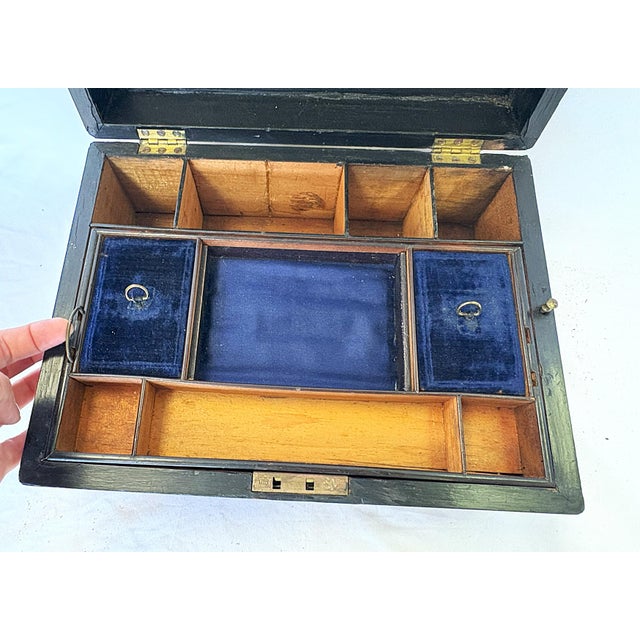 Antique English Burlwood Writing Box With Blue Velvet Lining and Mother-of-Pearl Inlay For Sale - Image 11 of 12