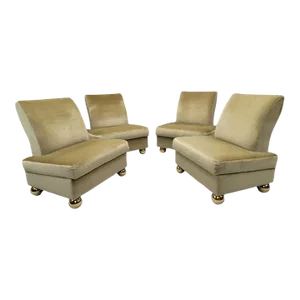 Vintage Postmodern Redesigned Gold Mohair Slipper Chairs on Oversized Brass Ball Feet - 4 Piece Set