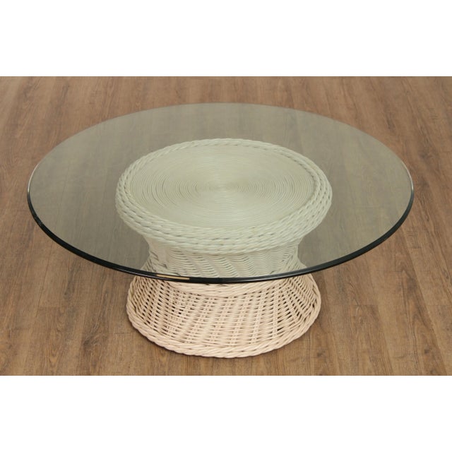 High Quality Vintage Woven Wicker Hourglass Form Pedestal Coffee Table with Round Glass Top, Most Likely by Ficks Reed...