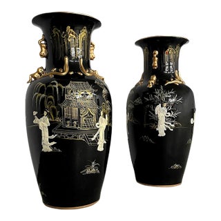 Pair of Monumental Chinoiserie Black & Gilt Figural Floor Vases, 36” For Sale