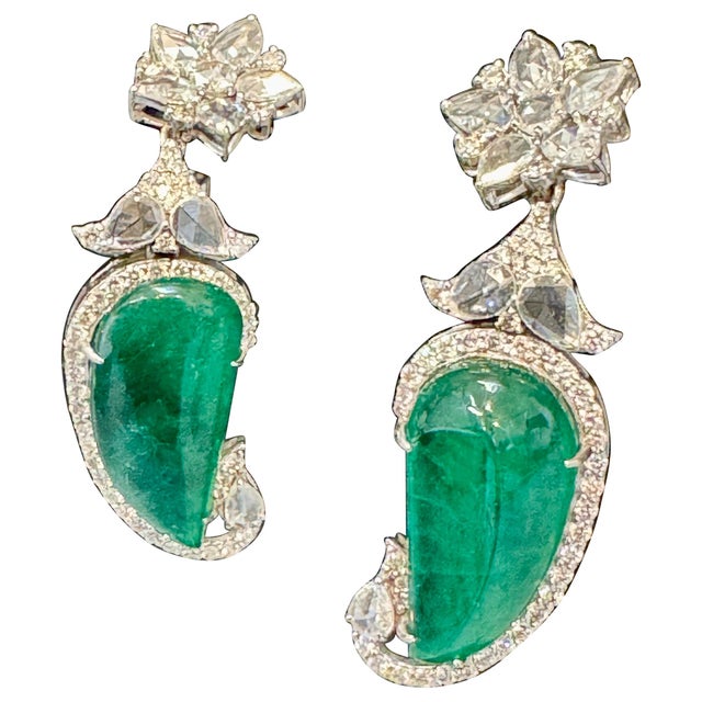 20 Ct Fine Emerald Cabochon & 4 Ct Rose Cut Diamond 18 Kt White Gold Earrings For Sale - Image 15 of 18