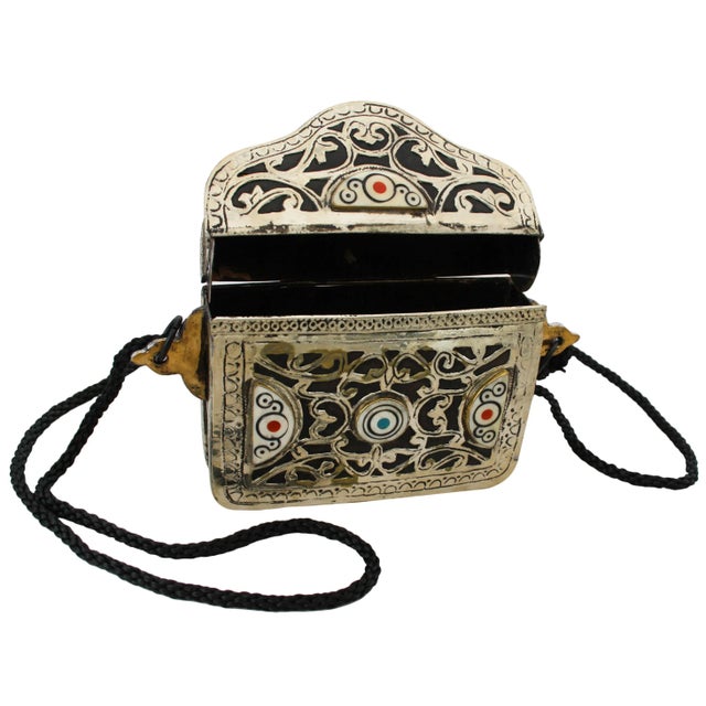 Handcrafted Moroccan decorative keepsake box with ornate Berber metal engravings. Hangs 30in L.